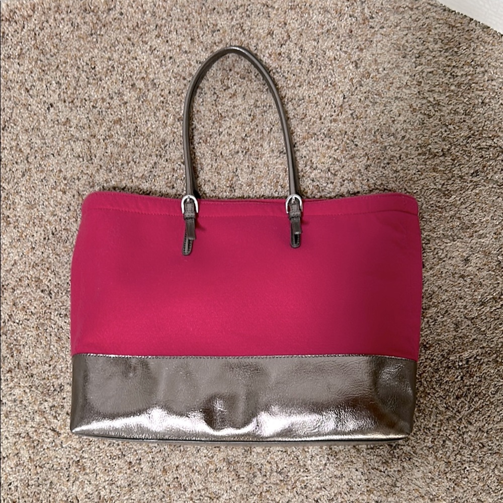 Talbots faux wool/leather tote, pink/silver